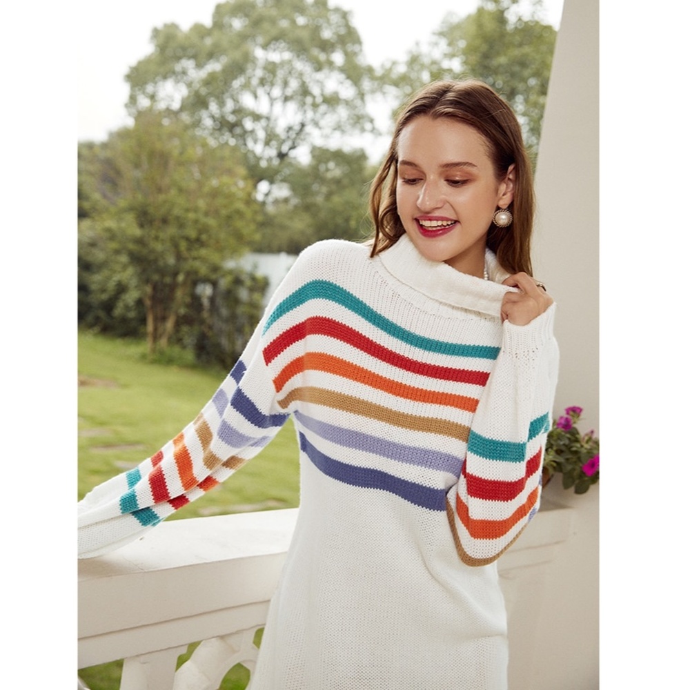 Multi Color Stripe Knit Sweater Off White Dress - Picture 8 of 14